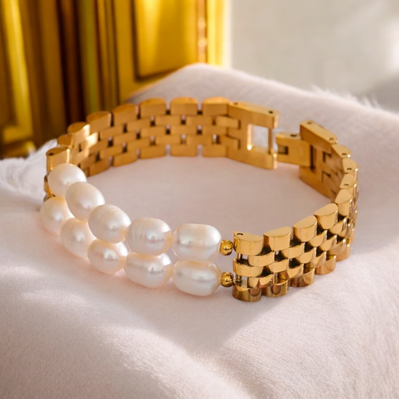 Gold Pearl Cuban Link Bracelet