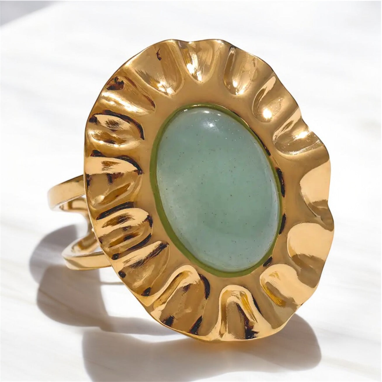 Gold Ethnic Rings With Green Natural Stone